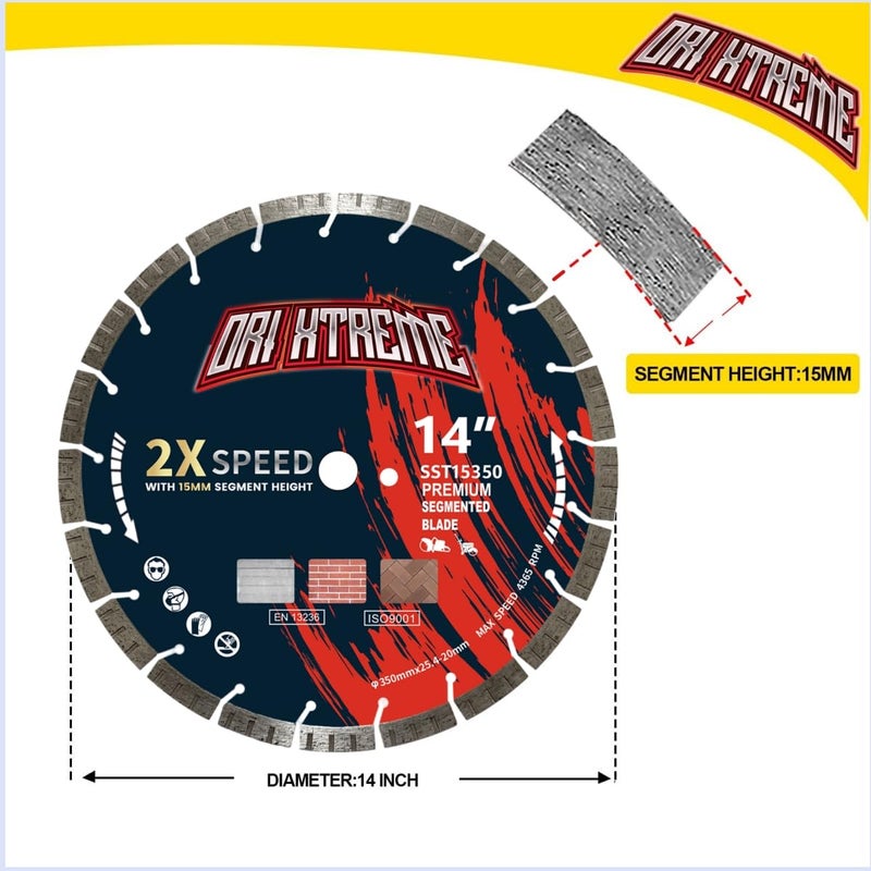 ORIXTREME 14 Inch Diamond Concrete Saw Blade, Turbo Segmented General Purpose Blade Dry/Wet Cutting Concrete, Reinforced Concrete, Masonry, Brick, Block,1"-20mm Arbor - Image 2